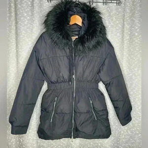MNG Women’s Faux Fur Hood Quilted Black Jacket. Size XS-S
